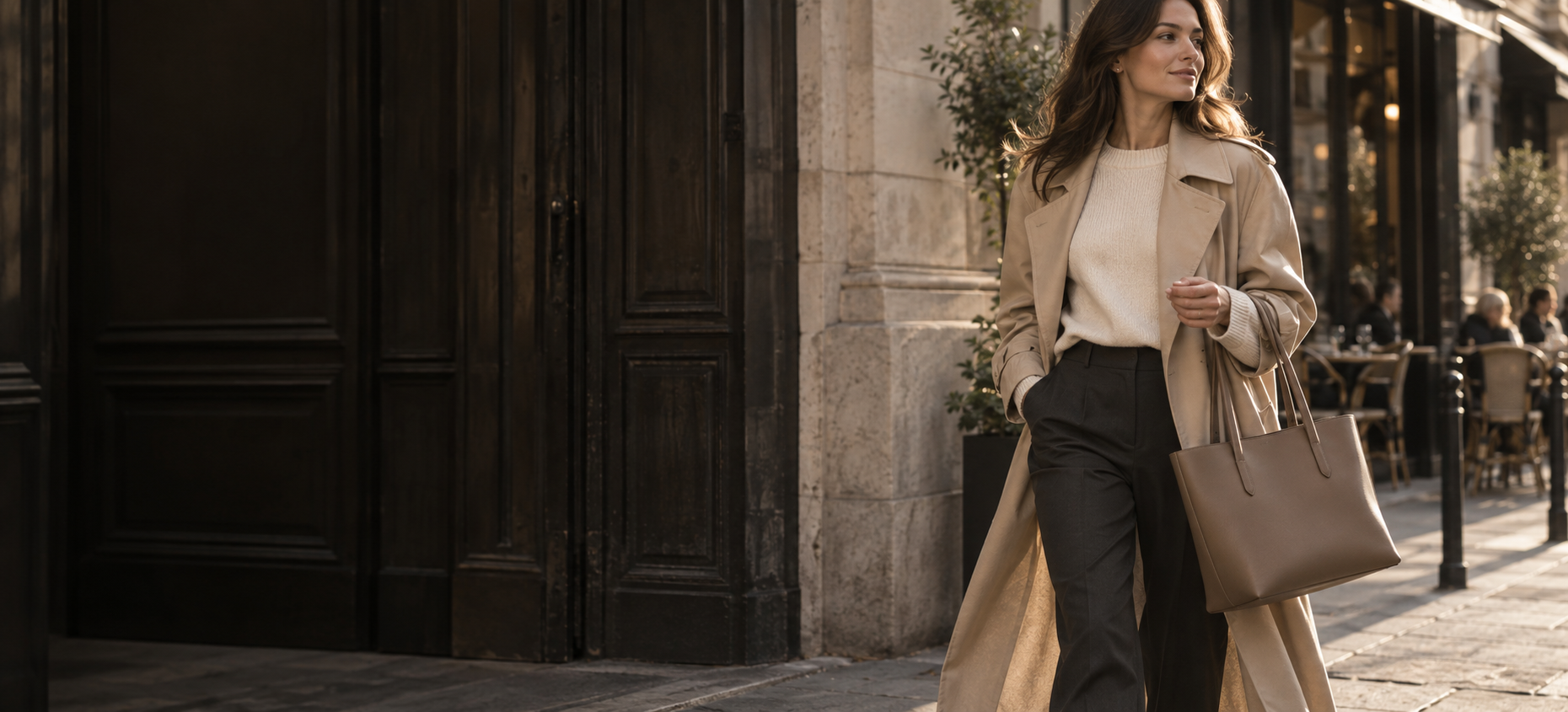 AI concept campaign: a woman carrying a taupe tote on a sunlit city street